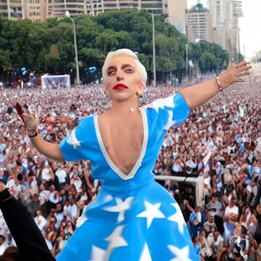 Image similar to Lady Gaga as Evita, Argentina presidential rally, Argentine flags behind, bokeh, epic photo, detailed face, Argentina