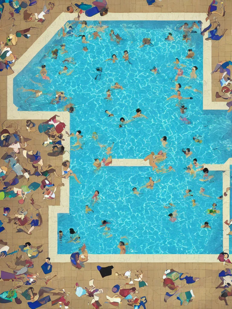 Image similar to tiled pool with people swimming, overhead, by disney concept artists, blunt borders, rule of thirds