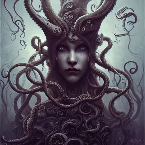 Image similar to curiosities from cthulhu, soft paint of a single curvy beautiful necromancer of madness and insanity in full mage armor, symmetry accurate features, horror, tentacles, dense volumetric fog, focus, very intricate ultrafine details, gloomy colors, award winning masterpiece, tom bagshaw artstyle