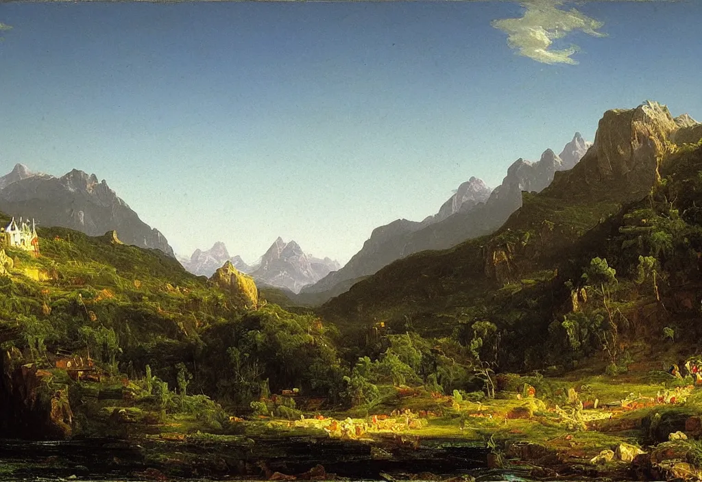 Prompt: painting of a rural town with mountains in the background, thomas cole