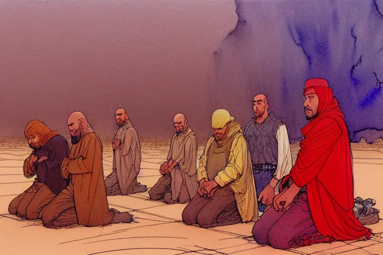 Image similar to a hyperrealist watercolour character concept art portrait of a group of middle eastern men kneeling down in prayer in front of a giant red haired android on a misty night in the desert. by rebecca guay, michael kaluta, charles vess and jean moebius giraud