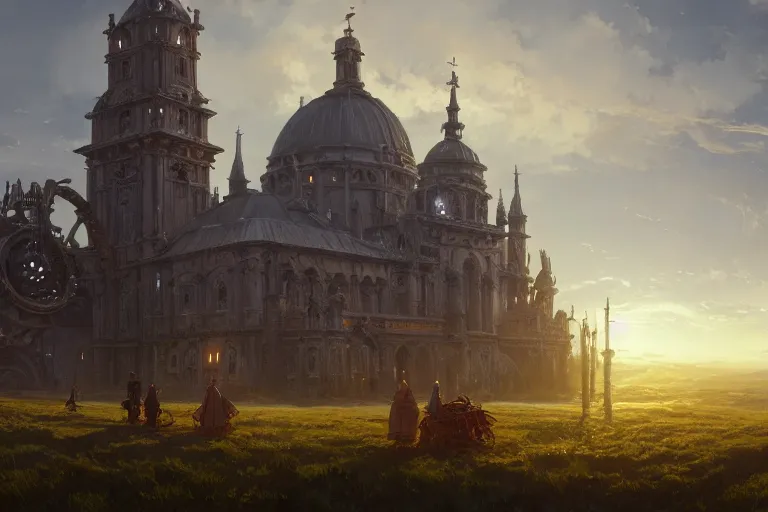 Image similar to an ornate baroque church with chain wheels, mortal engines, scene in an open field. key visual, conceptart, ambient lighting, highly detailed, digital painting, artstation, concept art, sharp focus, by makoto shinkai and akihiko yoshida and greg manchess