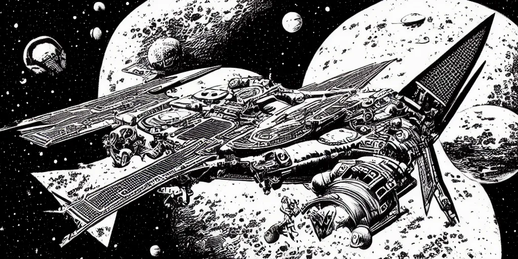 Image similar to spaceship in space flying to the mars by joe fenton and virgil finlay