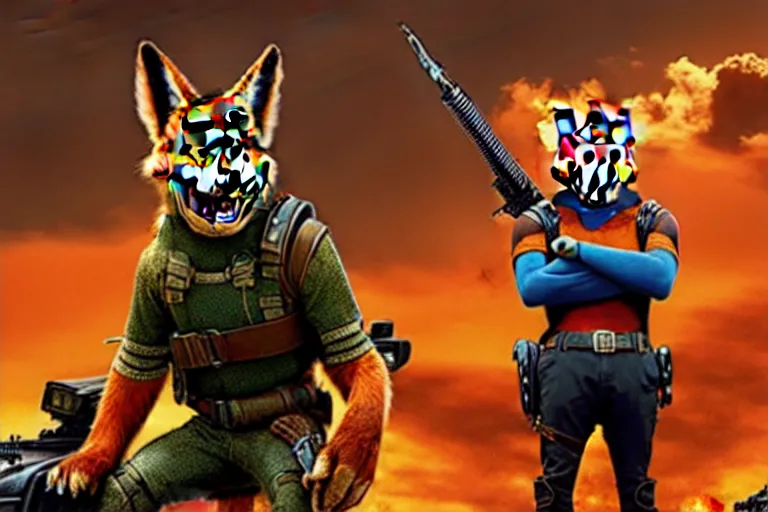 Image similar to nick wilde, heavily armed and armored facing down armageddon in a dark and gritty reboot from the makers of mad max : fury road : witness me