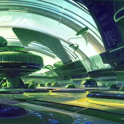 Image similar to beautiful matte painting of green gardens on a futuristic sci-fi space station, cinematic angle, cinematic lighting, by Syd Mead, John Harris, Federico Pelat