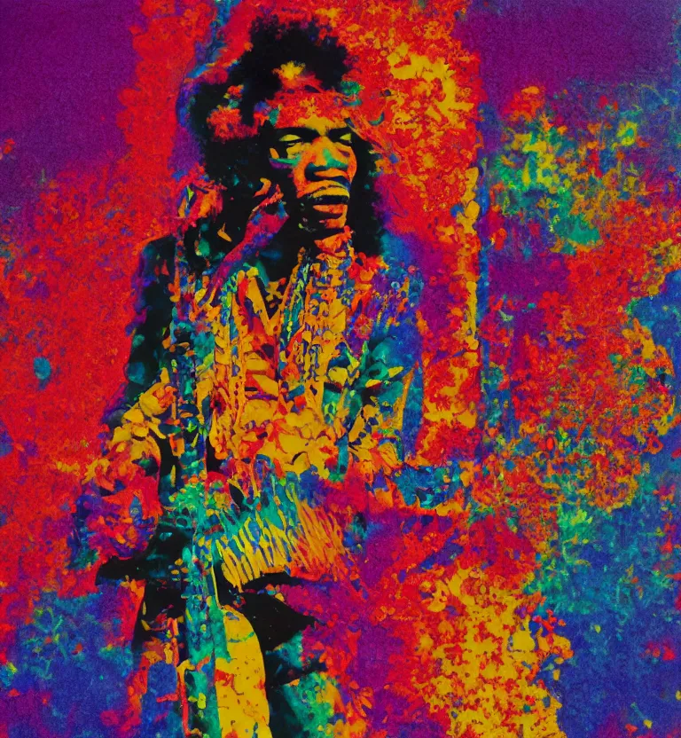 Prompt: colour portrait photography of jimi hendrix full body shot by annie leibovitz, colourful biomorphic opart temple, 8 k