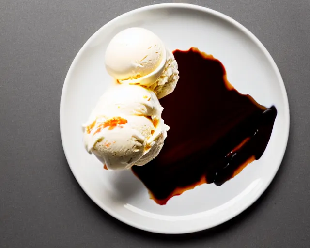 Prompt: dslr food photograph of vanilla ice cream with crawfish, some chocolate sauce, 8 5 mm f 1. 4