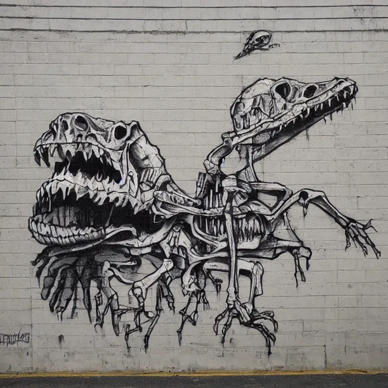 Image similar to Street-art painting of crocodile skeleton in style of Banksy, comic character, cute skeleton, cartoon style, photorealism