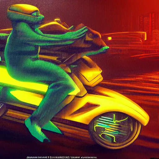 Prompt: capybara, oil painting, cyberpunk synthwave style, riding a motorcycle