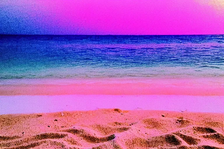 Prompt: a vintage family holiday photo fuji kodak of an empty beach shore with pastel pink iridescent!! sand and reflective metallic water and sunbathing equipment at dusk. refraction, volumetric, light haze.