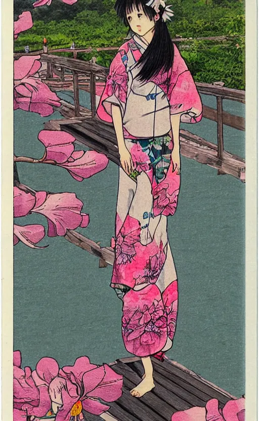 Prompt: by akio watanabe, manga art, a pink hair girl walking on wooden lake bridge and iris flowers, trading card front, kimono, realistic anatomy