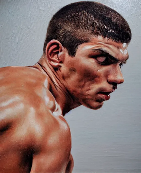 Image similar to portrait of a handsome young spanish boxer, art by denys tsiperko and bogdan rezunenko, hyperrealism