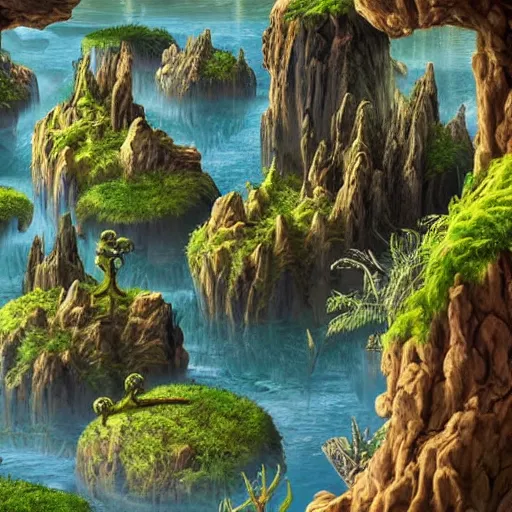 Image similar to An otherwordly, alien landscape with strange plants and creatures, realistic, ultra high detail.