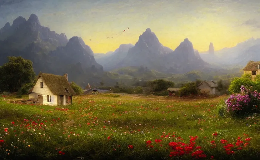 Image similar to beautiful flower field with a cottage in the distance, close up shot, rocky, at dusk, distant mountains, 4k, rule of thirds, extreme detail, hazy, intricate ink illustration, surreal, surrealist, trending on artstation, cgsociety, hd, calm, complimentary colours, realistic lighting, by Albert Bierstadt, Frederic Edwin Church.