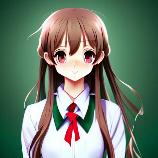 Image similar to beautiful anime high school girl, complete body view, light brown hair, ponytail, white ribbon, green eyes, full perfect face, slightly smiling, detailed school background, drawn by Artgerm, Sasoura, Satchely, no distorsion