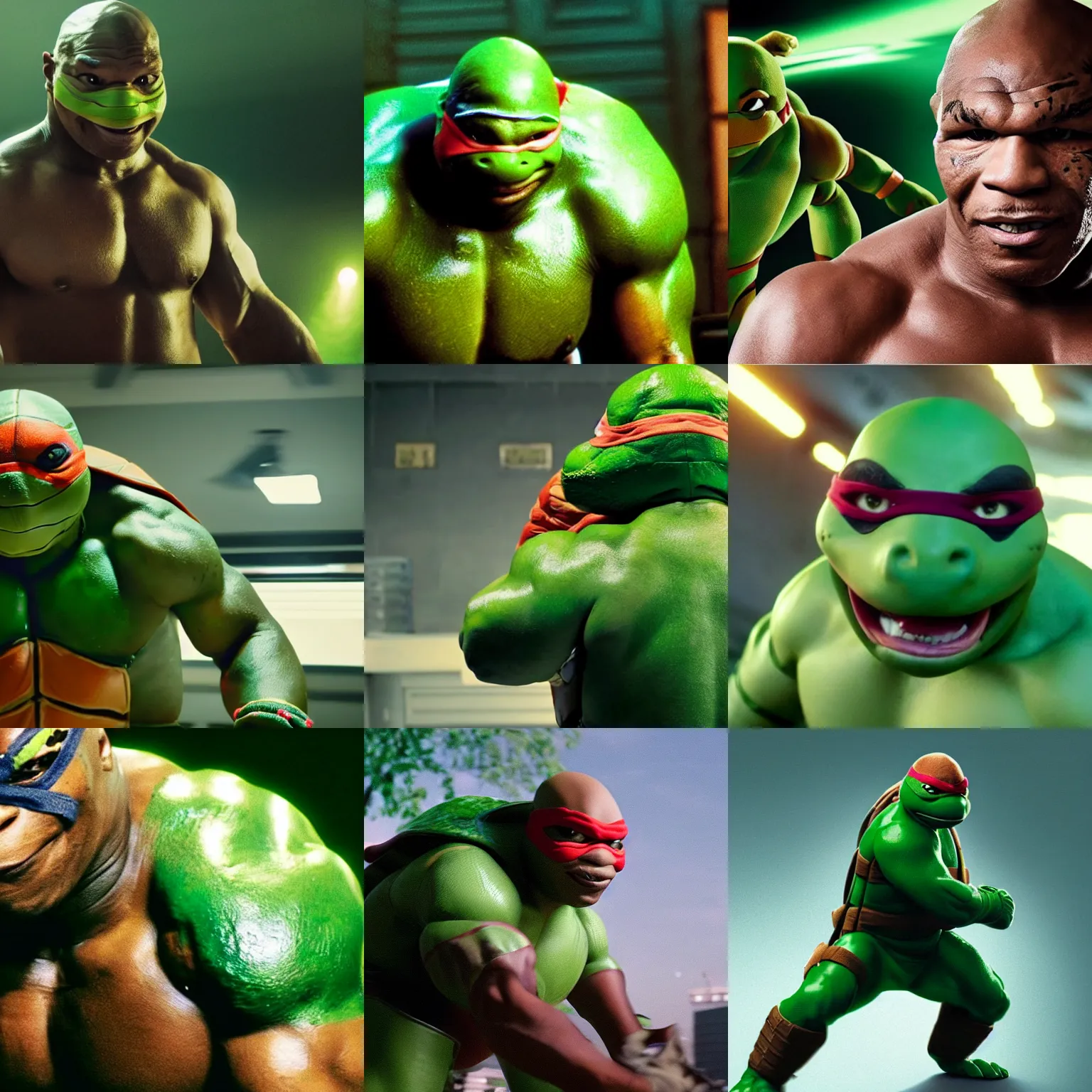 Prompt: a movie still of mike tyson as a teenage mutant ninja turtle, shell on back, green skin, dynamic lighting, 8 k, action shot, 2 0 2 2 picture of the year