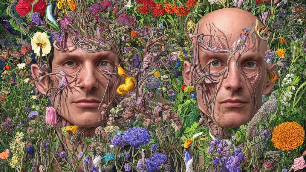 Prompt: highly detailed illustration of a human anatomy head surrounded by all the known species of flowers by juan gatti, by moebius!!, by oliver vernon, by gottfried bammes, by joseph moncada, by damon soule, by manabu ikeda, by kyle hotz, by dan mumford, by kilian eng