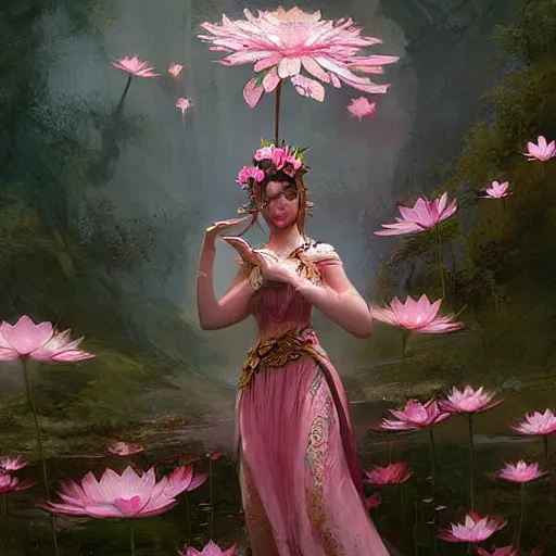 Prompt: Lotus floral crown girl, pink Lotus queen, epic fantasy style art by Craig Mullins, fantasy epic digital art, epic fantasy card game art by Greg Rutkowski