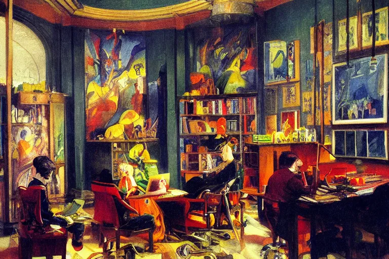 Image similar to a busy office, glowing with silver light, color by Franz Marc, highly detailed architecture by Jean-Léon Gérôme, by Winsor McCay, today's featured photograph, 16K