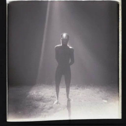 Image similar to wide angle, dark old polaroid of a ethereal humanoid creature, being illuminated by few sun rays, black and white