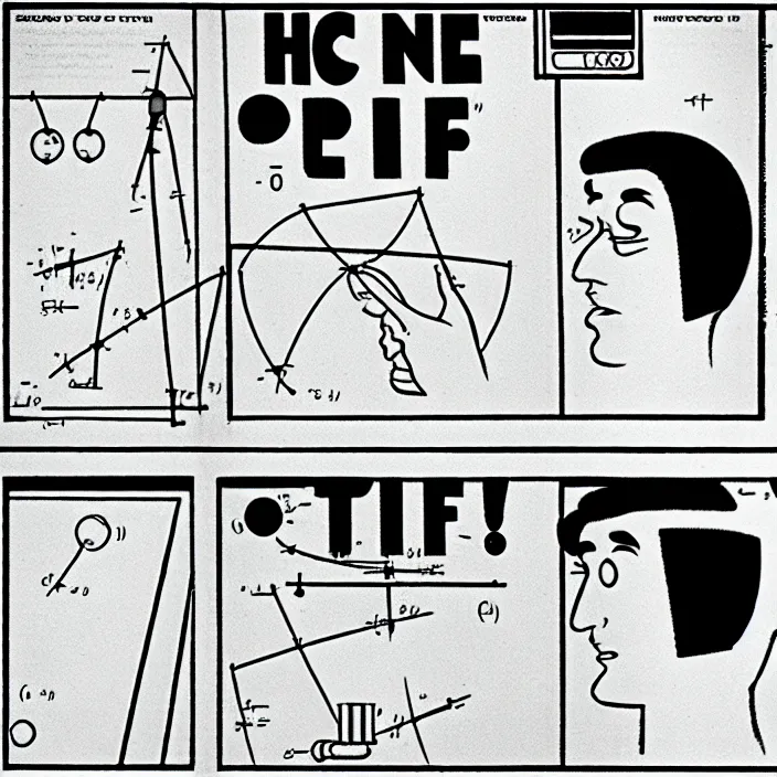 Image similar to a still frame from comic strip, scientific scheme of physics 1 9 5 0, herluf bidstrup, new yorker illustration, monochrome contrast bw, lineart, manga, tadanori yokoo, simplified,