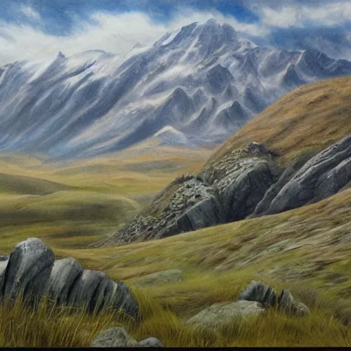 Image similar to painting lord of the rings landscape, edoras