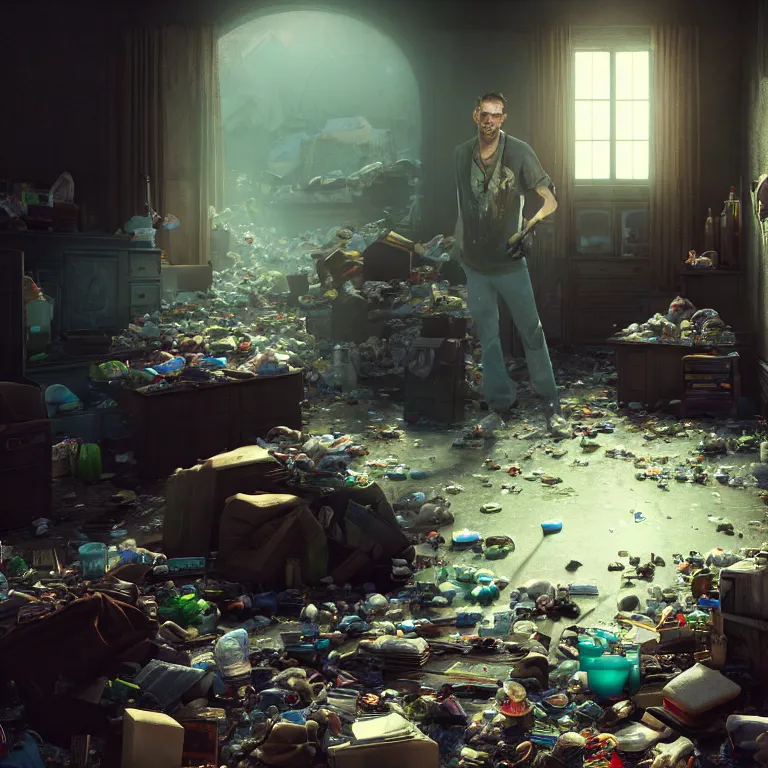 Prompt: a cinematic shot of a hoarder in a room filled with garbage, claustrophobic, octane render, volumetric lighting, nvidia raytracing demo, by Andy Thomas, Mario Martinez, Daniel Mirante, Gustave Dore, Artstation, CGsociety, masterpiece