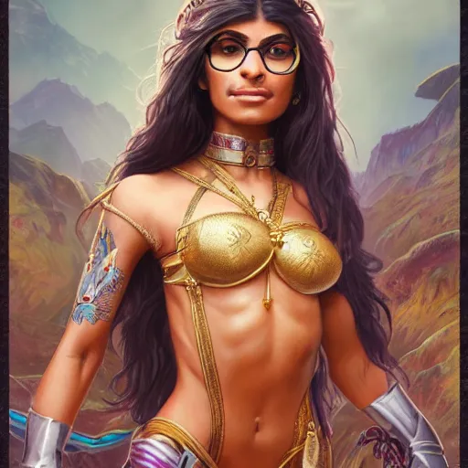 Image similar to mia khalifa fantasy warrior, intricate, highly detailed, digital painting, artstation, concept art, smooth, sharp focus, illustration, unreal engine 5, 8 k, art by artgerm and greg rutkowski and alphonse mucha