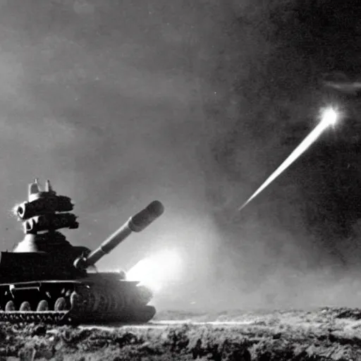 Image similar to a photograph of a dalek firing its laser at a soviet t - 3 4 tank, taken during 1 9 4 4