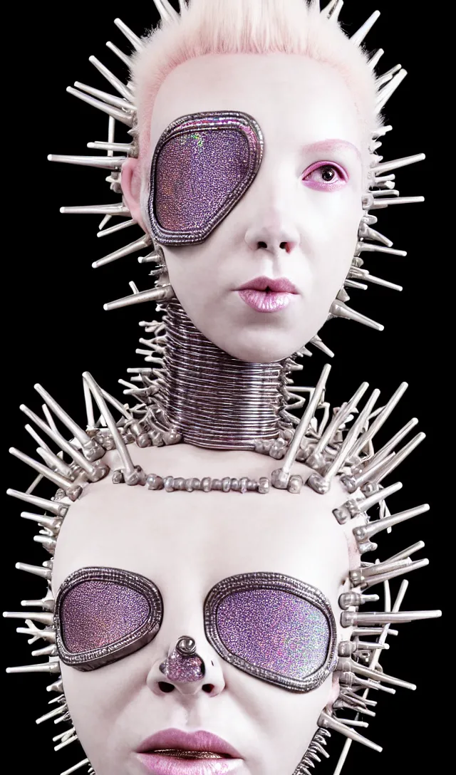 Prompt: portrait of a biomechanical goddess wearing a steel spikes studded iridescent beauty mask and pink hair buns, wearing a black bodysuit by alexander mcqueen, cream white background, soft diffused light, biotechnology, humanoid robot, perfectly symmetric, bjork aesthetic, translucent, by rineke dijkstra, intricate details, highly detailed, masterpiece,
