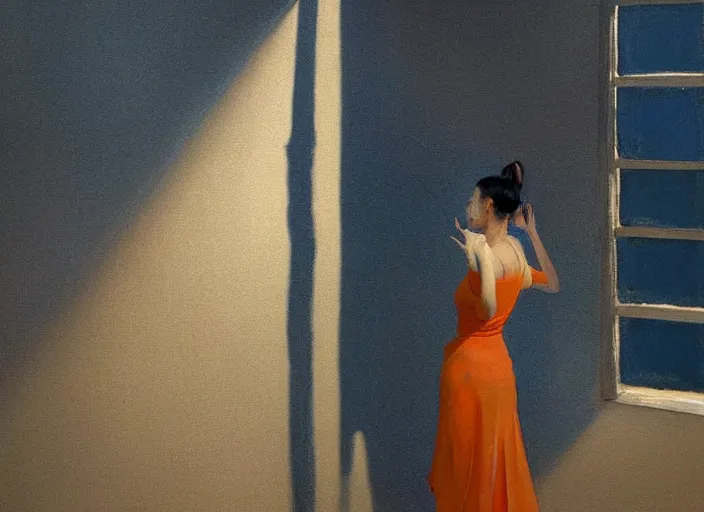 Image similar to famous asian actress girl dropping the shadow of her desires on the wall of empty house with a light from a window creating dreams, style of James Jean, Edward Hopper, Francis Bacon, colors of Mark Rothko, Frank Auerbach, trending on artstation, Greg Rutkowski, dark atmosphere