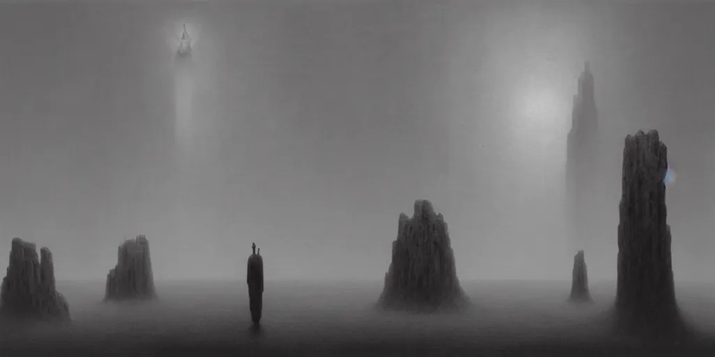 Prompt: painting of omniscient tall statues of gods towering above a lone individual, by zdzislaw beksinski, by dariusz zawadzki, by wayne barlowe, gothic, surrealism, cold hue's, warm tone gradient background, concept art, focused scene, medium shot, beautiful composition