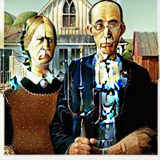 Image similar to american gothic painting with nicolas cage