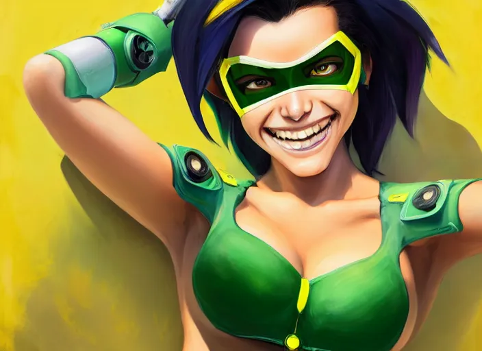 Prompt: eye color green, hair color, green, face without mask a girl with black hair, overwatch tracer, with a very beautiful symmetrical face, a smile on her face, tanned skin, in a yellow bikini, against the background of a sea beach, in art style, high detail, digital painting, hyperrealism