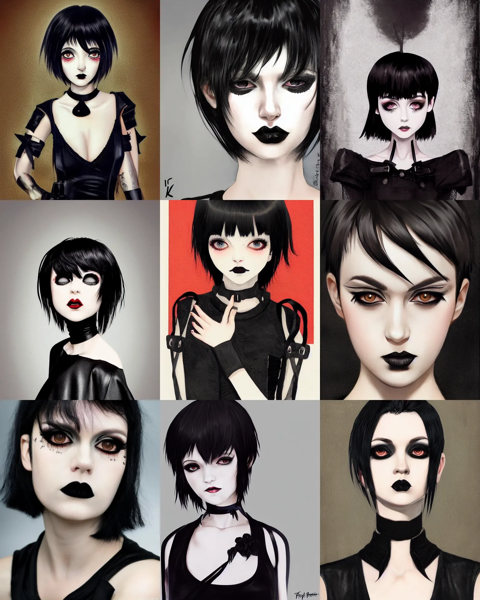 Prompt: A goth portrait by Ilya Kuvshinov. She is wearing black contact lenses. Her hair is dark brown and cut into a short, messy pixie cut. She has a slightly rounded face, with a pointed chin, large eyes, and a small nose. She is wearing a black tank top, a black leather jacket, a black knee-length skirt, a black choker, and black leather boots.