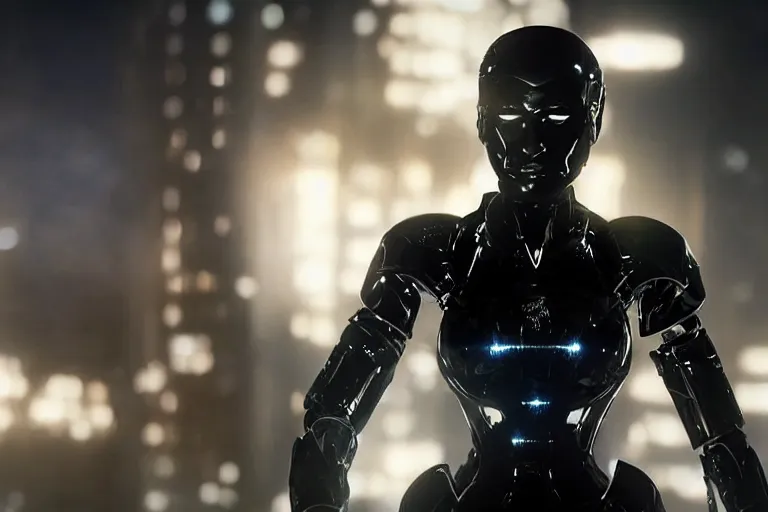 Prompt: VFX movie closeup portrait of a gorgeous futuristic robot woman in black spandex armor in future city, hero pose, beautiful skin, city night lighting by Emmanuel Lubezki