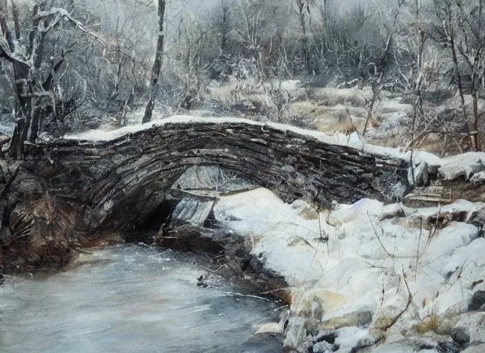 Image similar to watercolor of rustic stone bridge winter landscape, glistering, high detailed art by dennis miller bunker, work by anders zorn, wonderful masterpiece by greg rutkowski, beautiful cinematic light, american romanticism by greg manchess, creation by tyler edlin