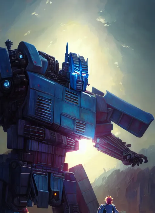 Image similar to Highly detailed full-body portrait of Optimus Prime, Stephen Bliss, unreal engine, fantasy art by Greg Rutkowski, Loish, Rhads, Makoto Shinkai and Lois van baarle, ilya kuvshinov, rossdraws, Tom Bagshaw, global illumination, radiant light, detailed and intricate environment