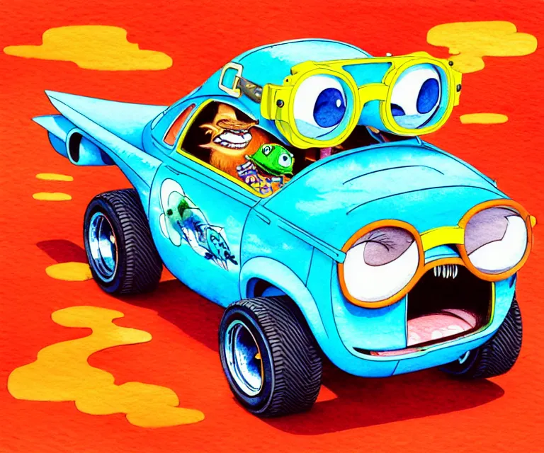 Image similar to cute and funny, beaver wearing goggles driving a tiny hot rod with an oversized engine, ratfink style by ed roth, centered award winning watercolor pen illustration, isometric illustration by chihiro iwasaki, edited by craola, tiny details by artgerm and watercolor girl, symmetrically isometrically centered