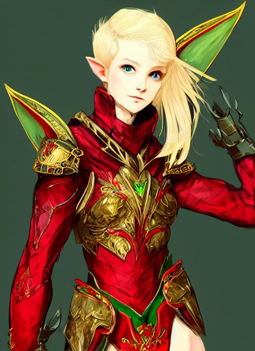 Prompt: Full body portrait of a beautiful young blonde short haired elven princess wearing red, green and gold armour robe. In style of Yoji Shinkawa and Hyung-tae Kim, trending on ArtStation, dark fantasy, great composition, concept art, highly detailed.