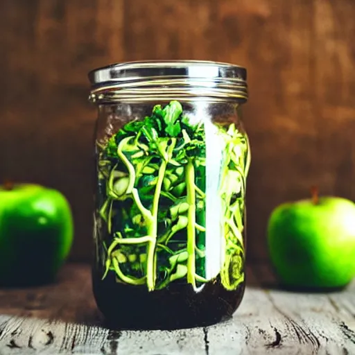 Prompt: sprouts growing from an apple in a glass jar