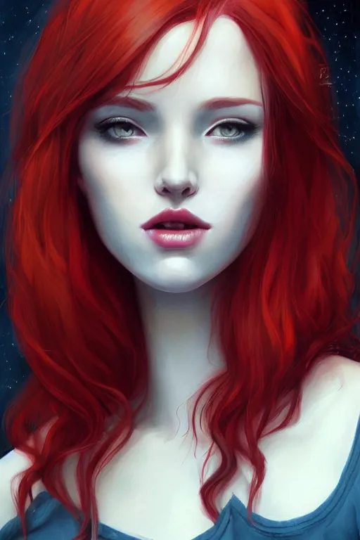 Image similar to portrait of the most beautiful girl in the world, red hair, mouth slightly open, by charlie bowater