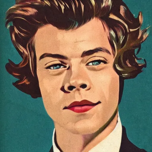 Prompt: “Harry Styles portrait, color vintage magazine illustration 1950”