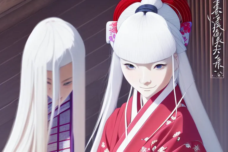 Image similar to portrait of a young japanese girl with long white hair in traditional clothing at a shinto shrine, fine detailed features, trending on pixiv fanbox, ilya kuvshinov makoto shinkai takashi takeuchi studio ghibli, akihiko yoshida, 4 k