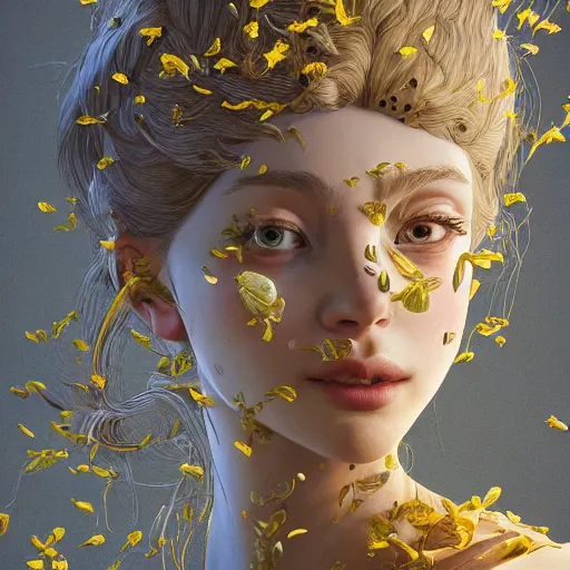 Image similar to the portrait of an absurdly beautiful, graceful, elegant, sophisticated, young teen girl made up of lemons looking up, an ultrafine hyperdetailed illustration by kim jung gi, irakli nadar, intricate linework, bright colors, octopath traveler, final fantasy, unreal engine 5 highly rendered, global illumination, radiant light, detailed and intricate environment