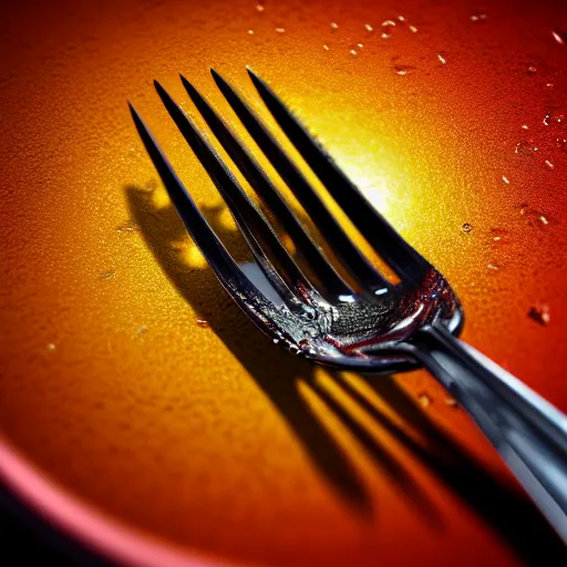 Image similar to A beautiful hyper realistic ultra detailed lifelike cinematic still of fork covered in dripping honey, unreal engine, deviantart, flickr, artstation, octane render, textured, colorful, extreme realistic detail, physically based rendering, pbr render, very detailed, volumetric lighting, detailed lighting, octane render, 4k, cinematic lighting, 8k resolution