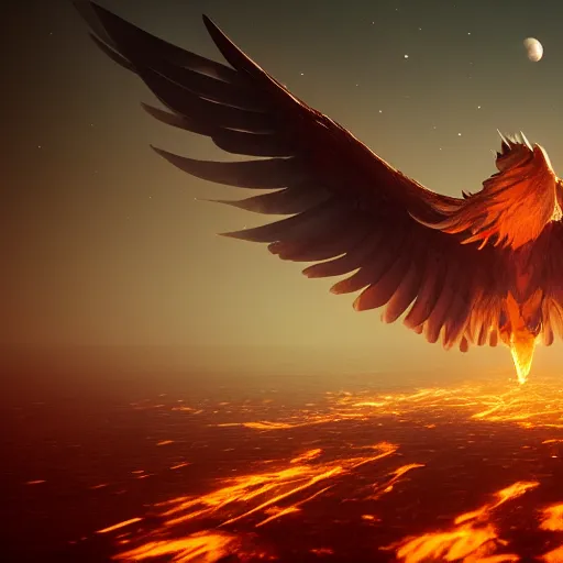 Image similar to phoenix flying in front of the moon, glowing light, fire, unreal engine, octane render, greg rutkowski, 8 k