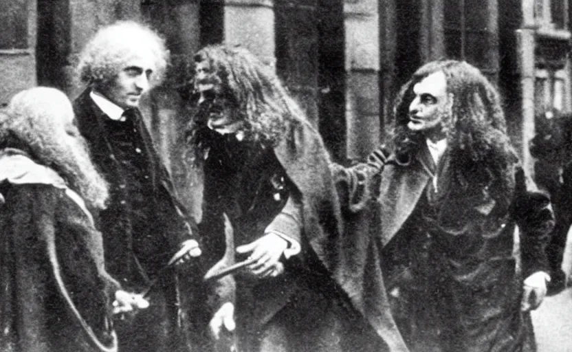 Image similar to a close - up old black and white photo, 1 9 1 3, depicting isaac newton wearing a big wig fighting gottfried leibnitz wearing a big wig in the streets of paris, rule of thirds, historical record