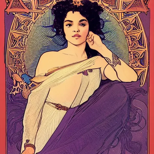 Image similar to tessa thompson portrait by louis - theophile hingre and alphonse mucha, realistic, sharp focus, zodiac signs, tarot cards, planets, ethereal, art nouveau, magic, moon, sun, crown, dreamy, royal, jewellery