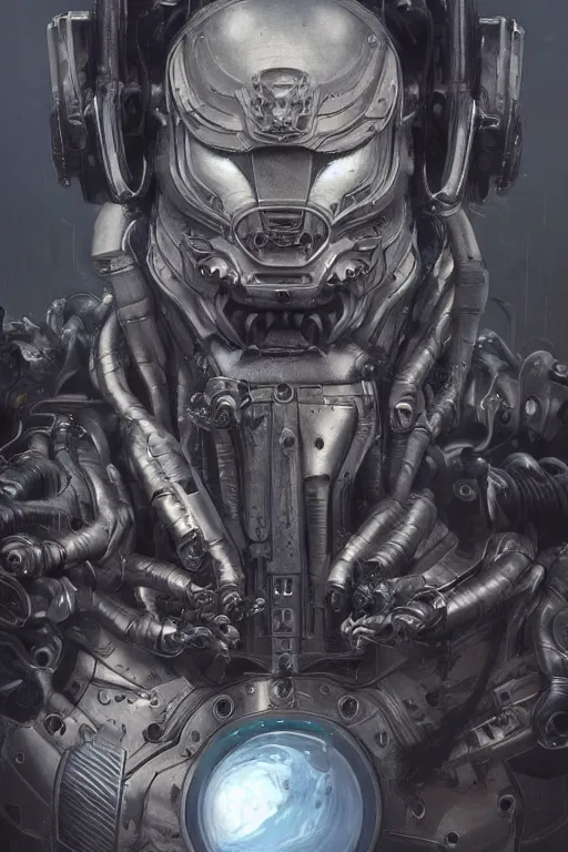 Image similar to portrait painting of a cybernetic grey werewolf with power armor, ultra realistic, concept art, intricate details, eerie, highly detailed, photorealistic, octane render, 8 k, unreal engine. art by artgerm and greg rutkowski and alphonse mucha